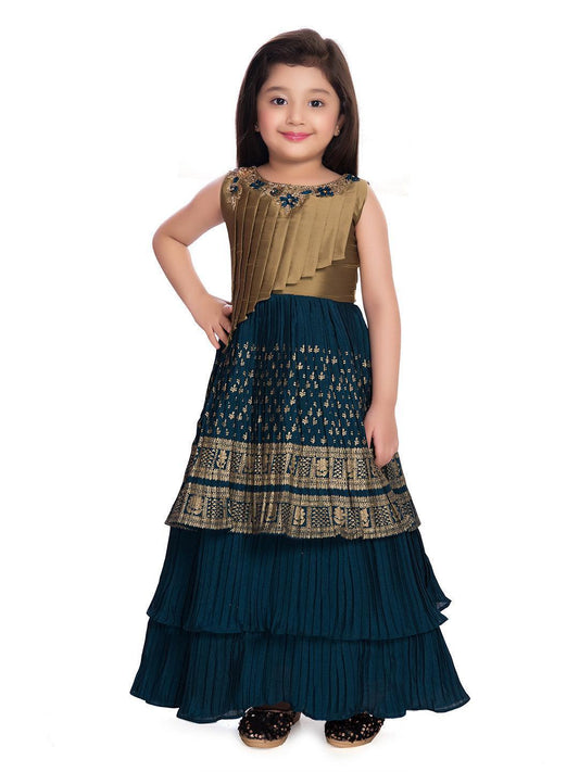 Girls Gold Toned and Green Ethnic Motifs Printed Pleated Chinon Gown For Girls - Betty Ethnic India - Gown - Betty Girls Wear Online