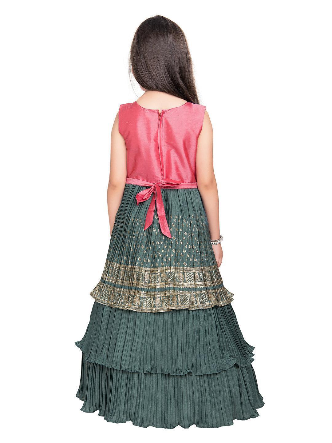 Girls Gold Toned and Green Ethnic Motifs Printed Pleated Chinon Gown For Girls - Betty Ethnic India - Gown - Betty Girls Wear Online