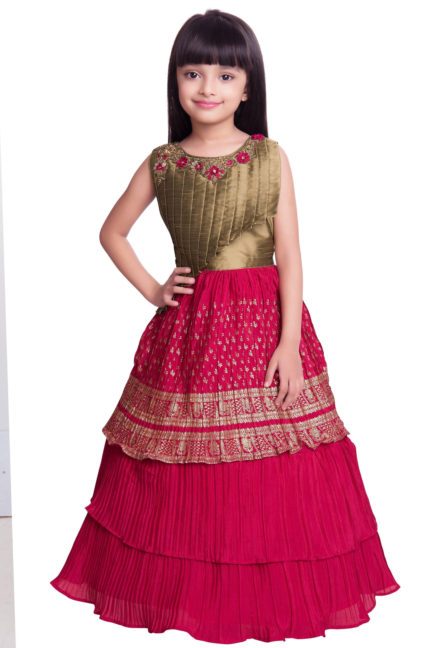 Girls Gold Toned and Green Ethnic Motifs Printed Pleated Chinon Gown For Girls - Betty Ethnic India - Gown - Betty Girls Wear Online