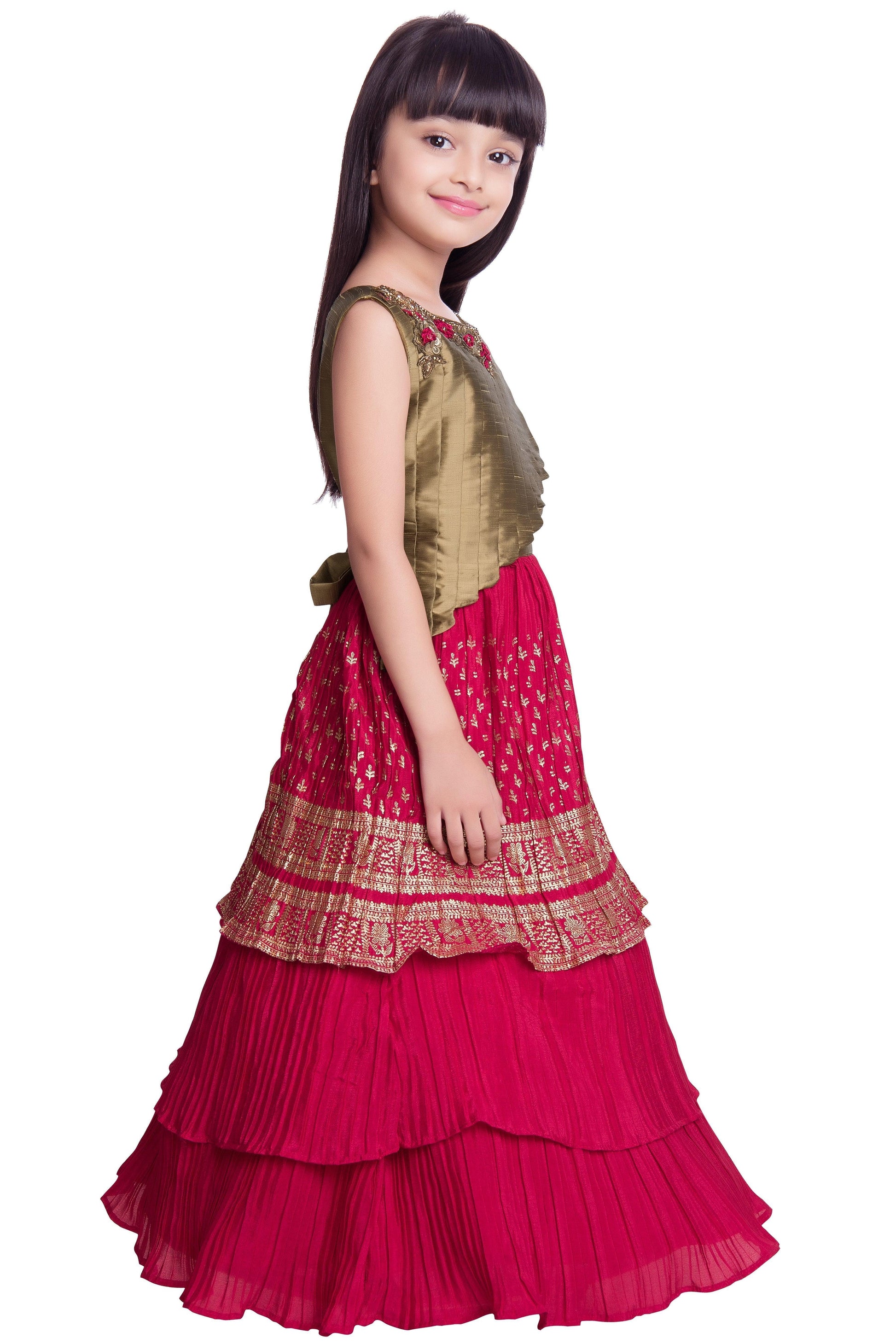 Girls Gold Toned and Green Ethnic Motifs Printed Pleated Chinon Gown For Girls - Betty Ethnic India - Gown - Betty Girls Wear Online