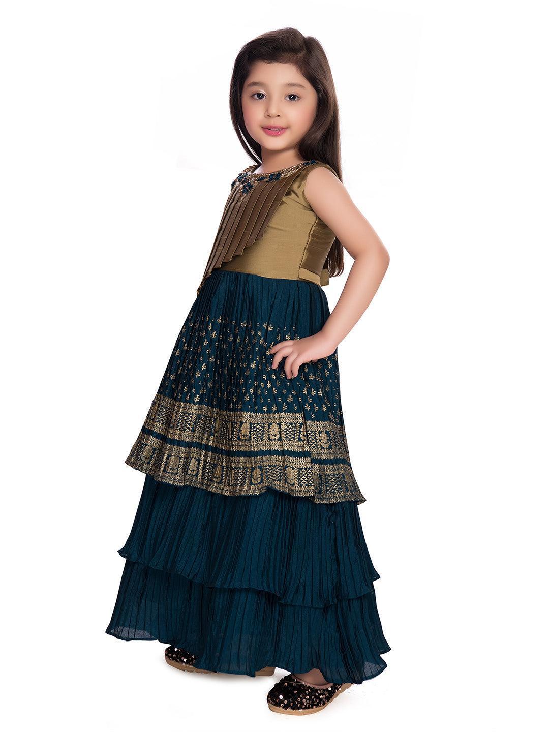 Girls Gold Toned and Green Ethnic Motifs Printed Pleated Chinon Gown For Girls - Betty Ethnic India - Gown - Betty Girls Wear Online