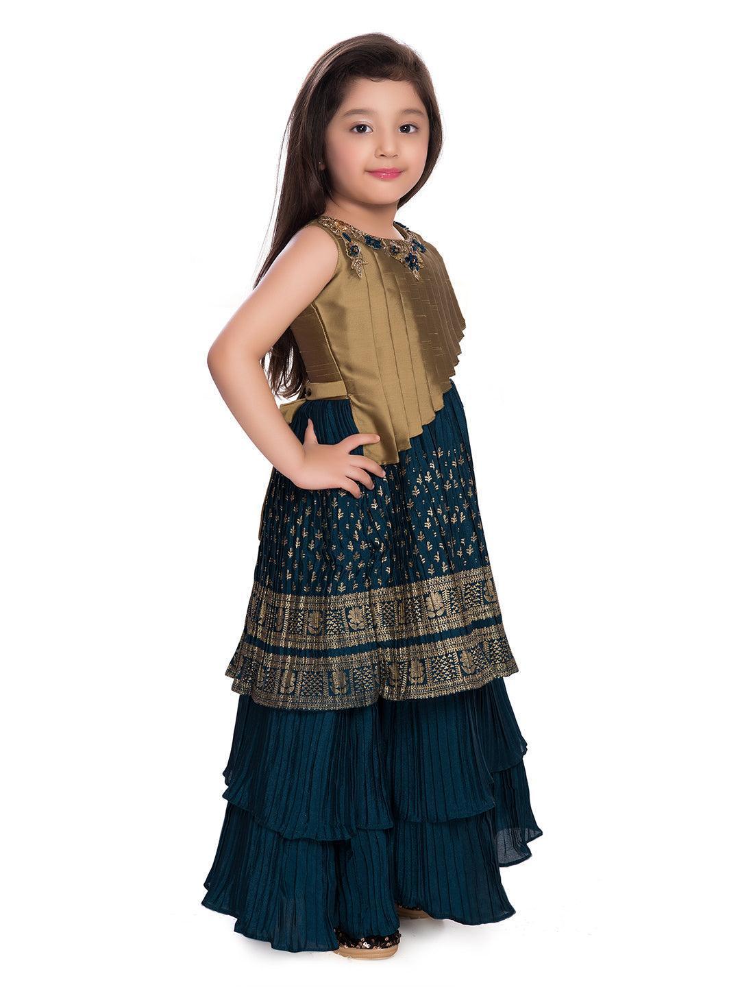 Girls Gold Toned and Green Ethnic Motifs Printed Pleated Chinon Gown For Girls - Betty Ethnic India - Gown - Betty Girls Wear Online