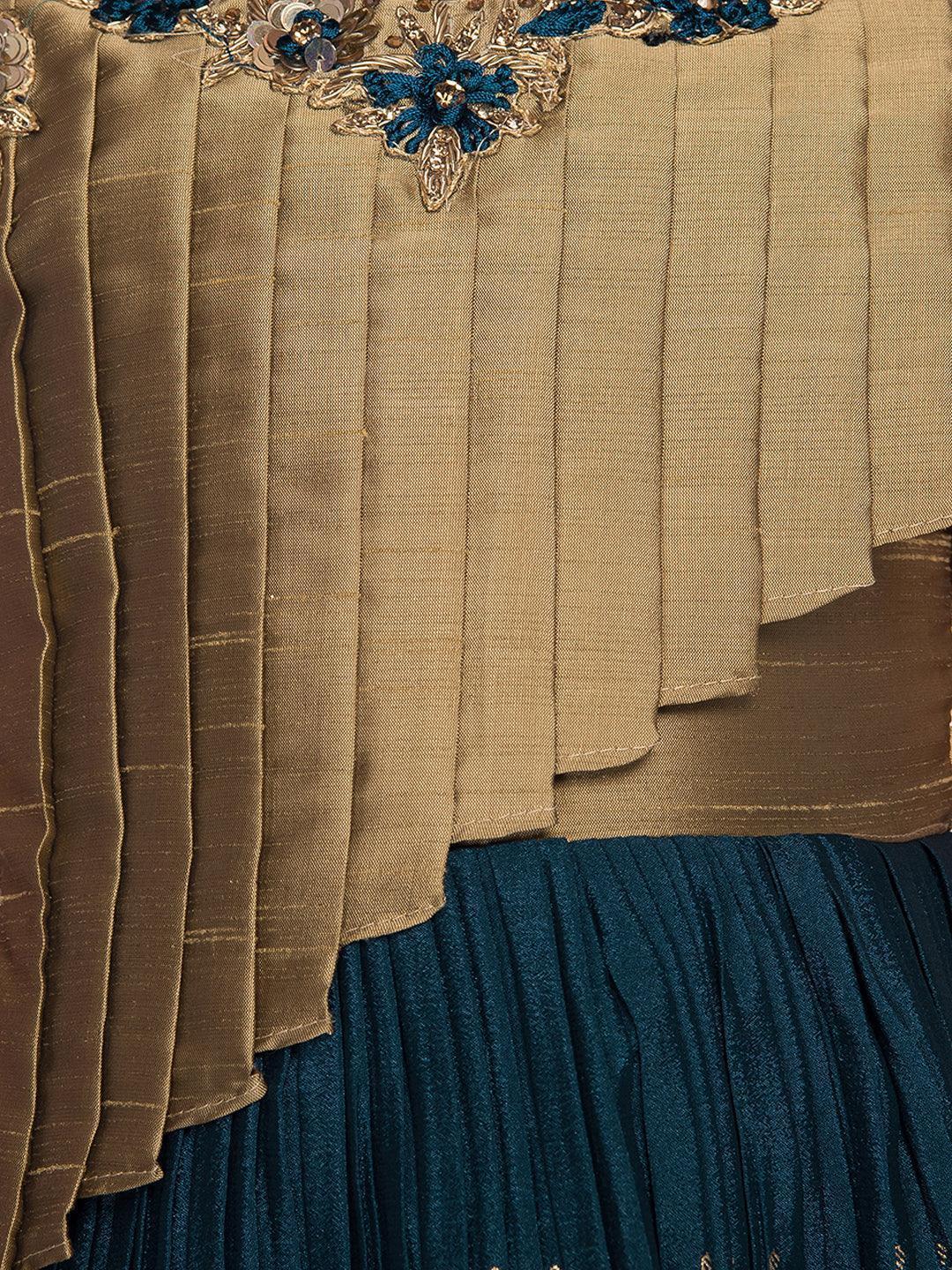 Girls Gold Toned and Green Ethnic Motifs Printed Pleated Chinon Gown For Girls - Betty Ethnic India - Gown - Betty Girls Wear Online