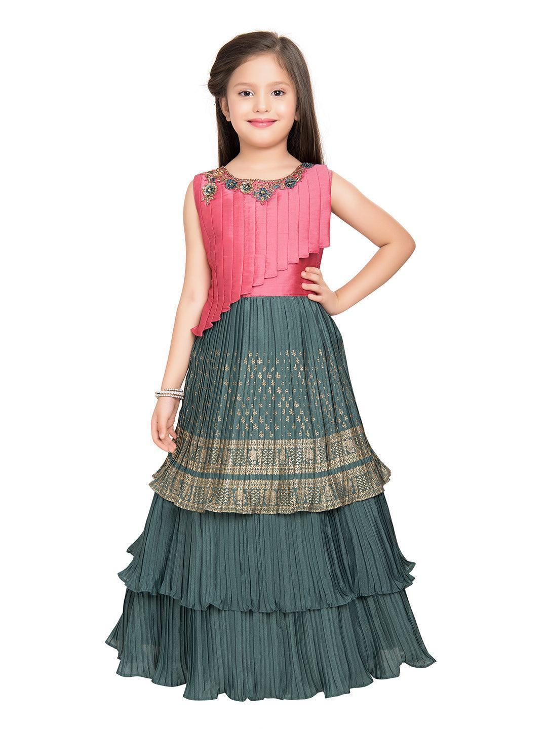 Girls Gold Toned and Green Ethnic Motifs Printed Pleated Chinon Gown For Girls - Betty Ethnic India - Gown - Betty Girls Wear Online