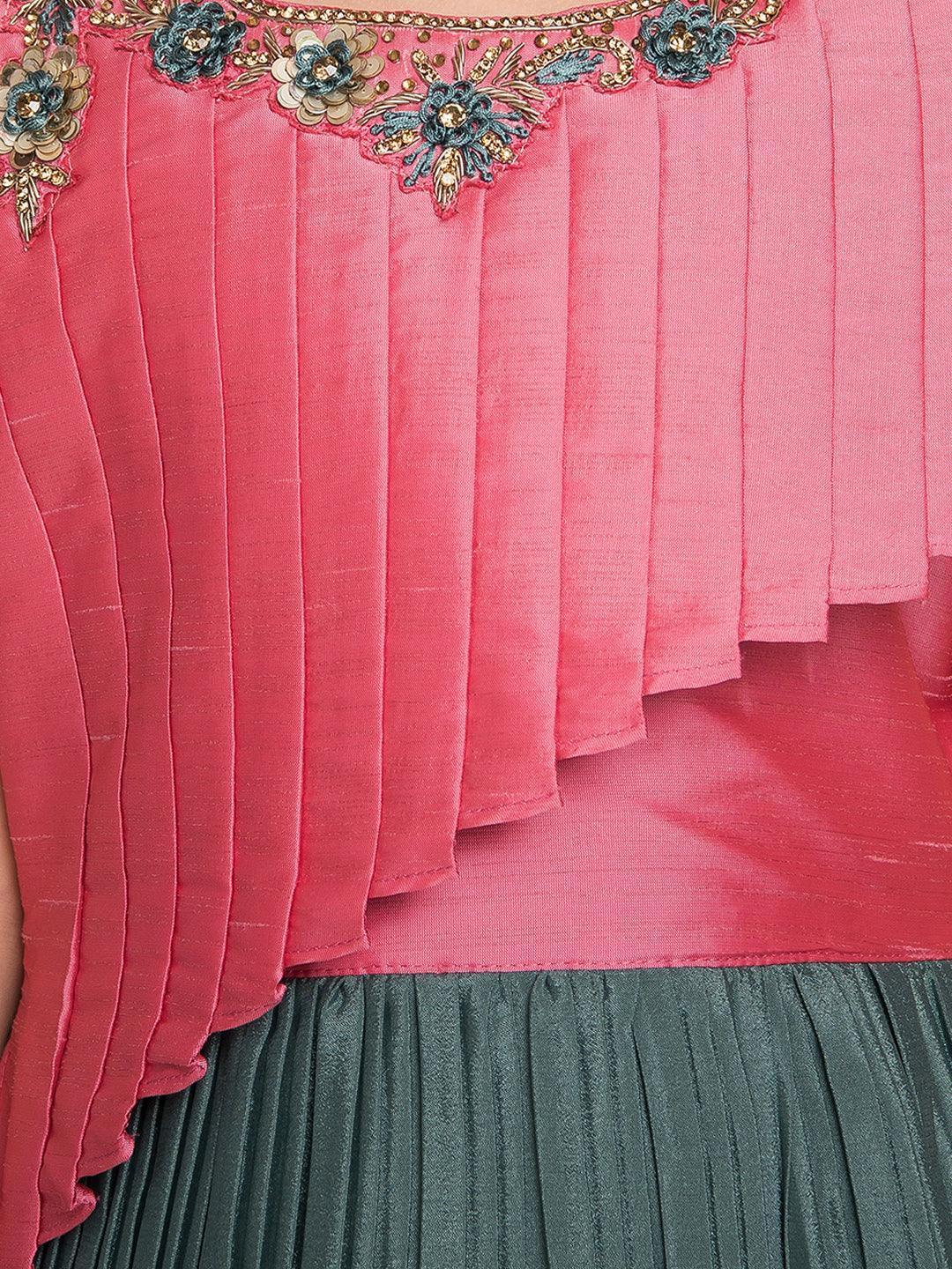 Girls Gold Toned and Green Ethnic Motifs Printed Pleated Chinon Gown For Girls - Betty Ethnic India - Gown - Betty Girls Wear Online