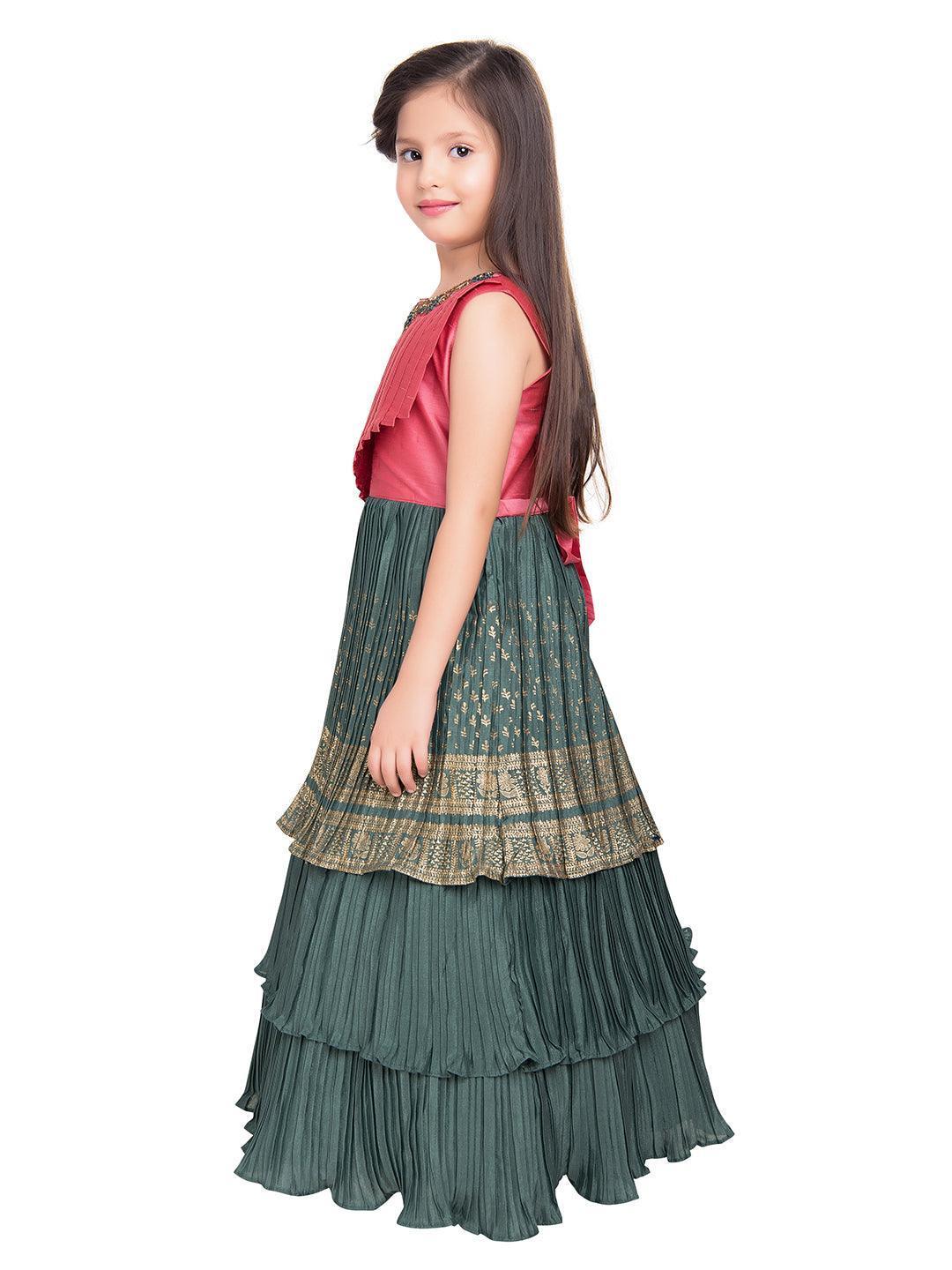 Girls Gold Toned and Green Ethnic Motifs Printed Pleated Chinon Gown For Girls - Betty Ethnic India - Gown - Betty Girls Wear Online
