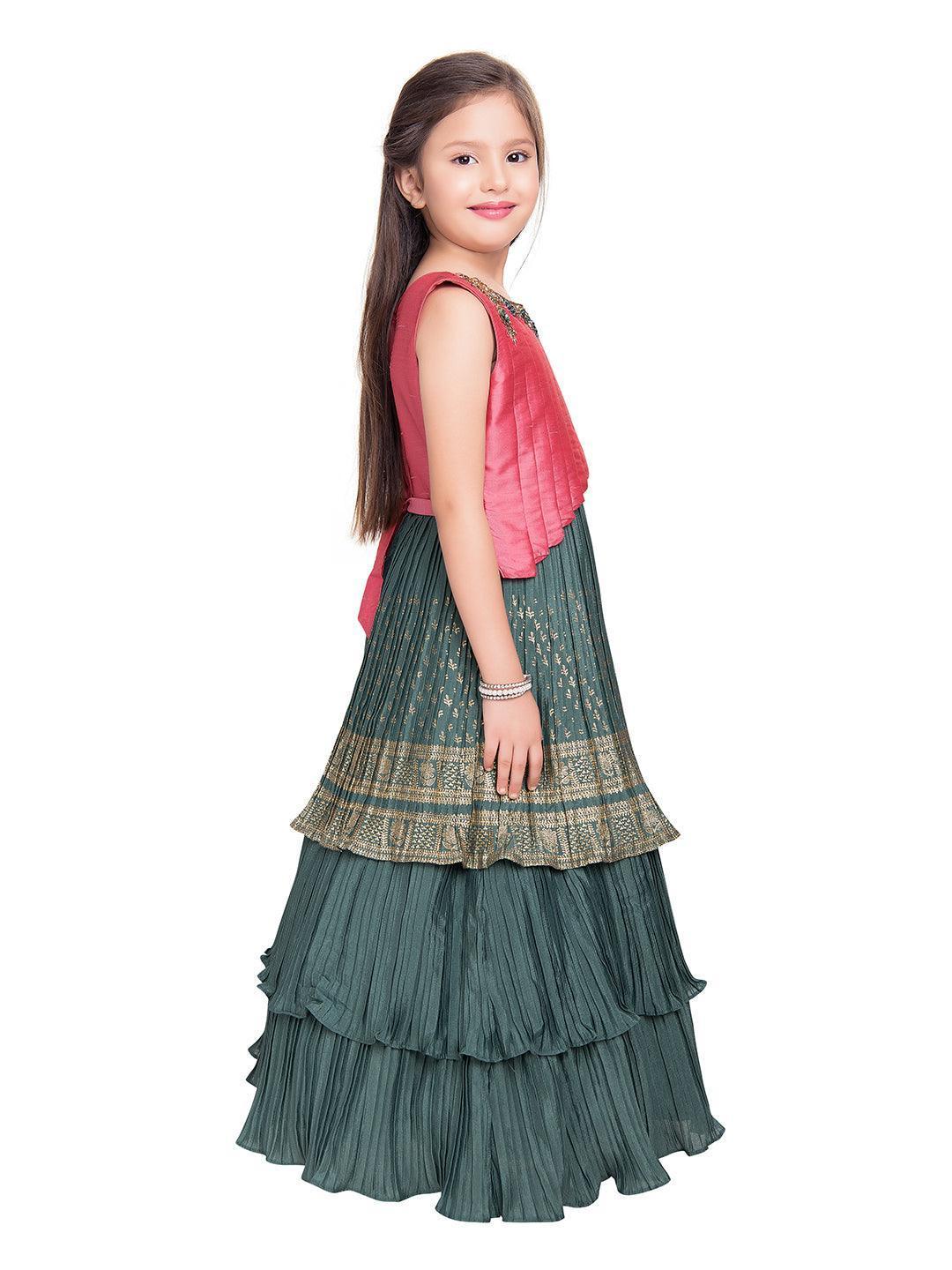 Girls Gold Toned and Green Ethnic Motifs Printed Pleated Chinon Gown For Girls - Betty Ethnic India - Gown - Betty Girls Wear Online