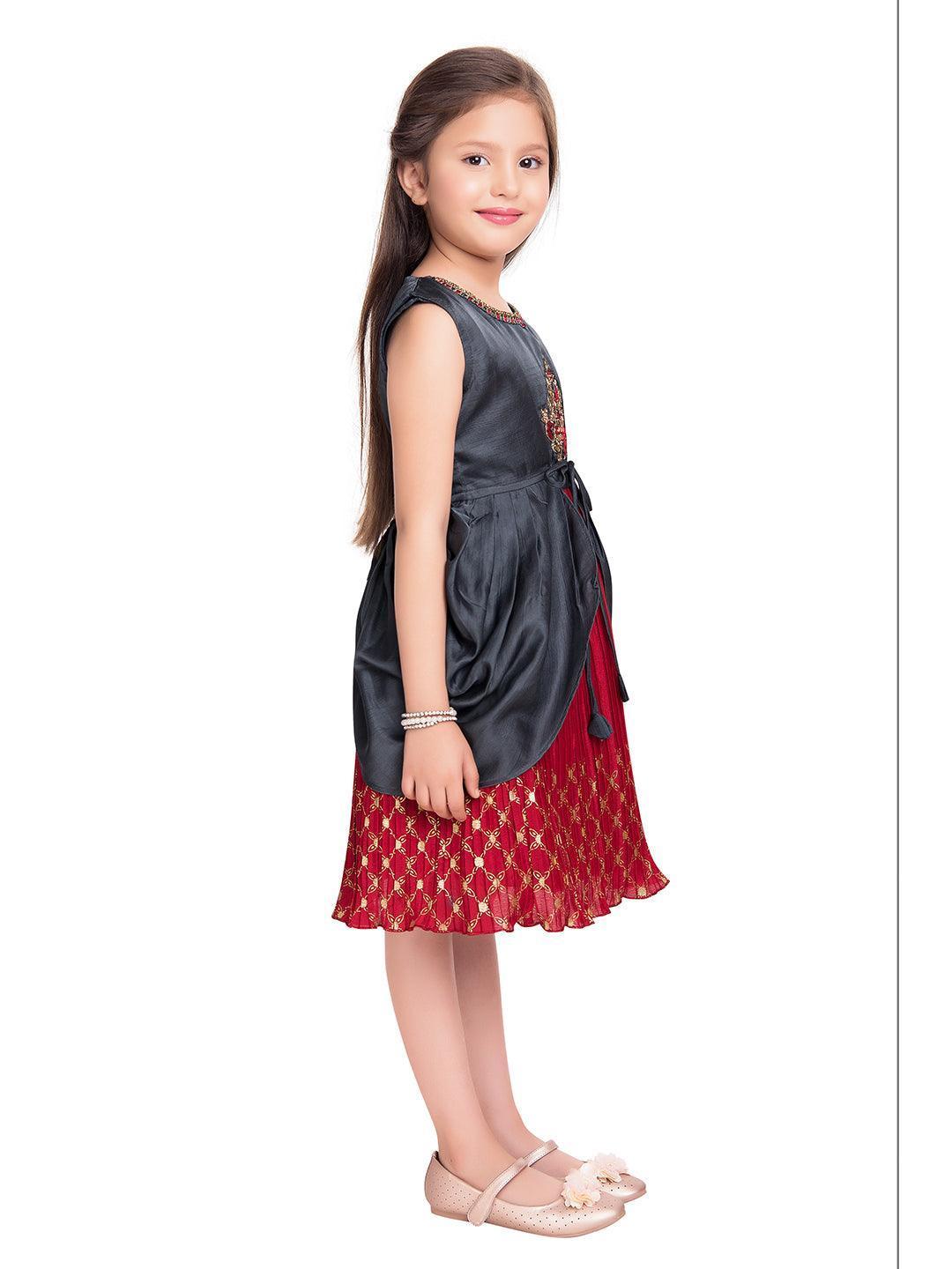 Girls Red & Grey Embroidered Layered Fit & Flare With Jacket Party Wear Frock For Girls - Betty Ethnic India - Frock - Betty Girls Wear Online