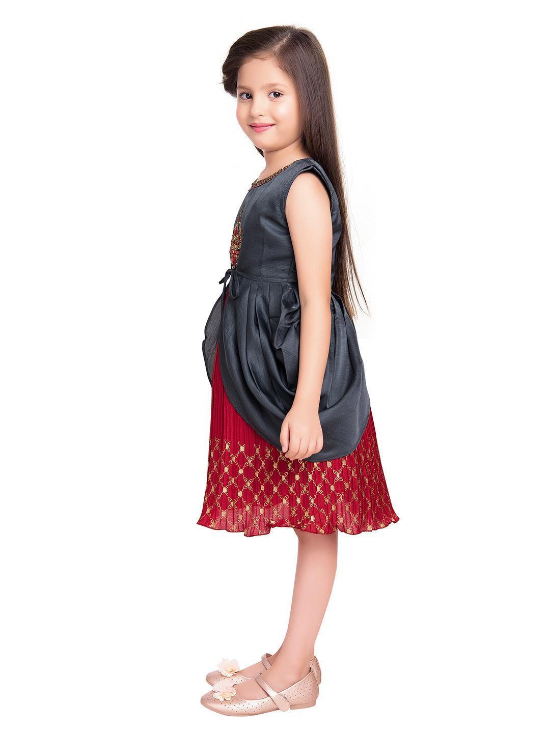 Girls Red & Grey Embroidered Layered Fit & Flare With Jacket Party Wear Frock For Girls - Betty Ethnic India - Frock - Betty Girls Wear Online