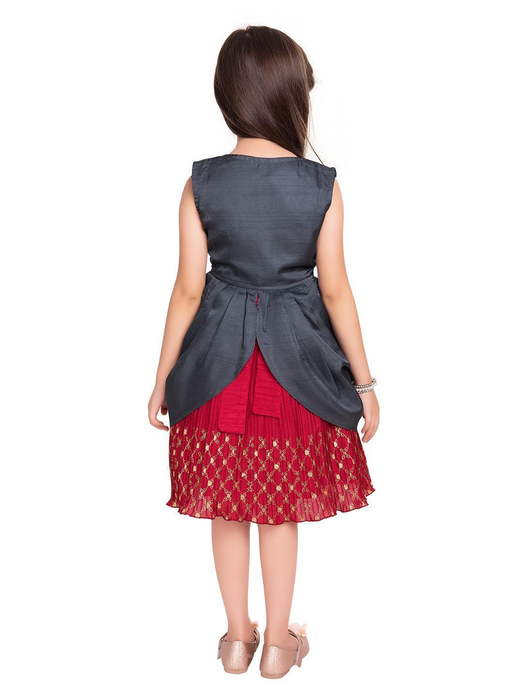 Girls Red & Grey Embroidered Layered Fit & Flare With Jacket Party Wear Frock For Girls - Betty Ethnic India - Frock - Betty Girls Wear Online