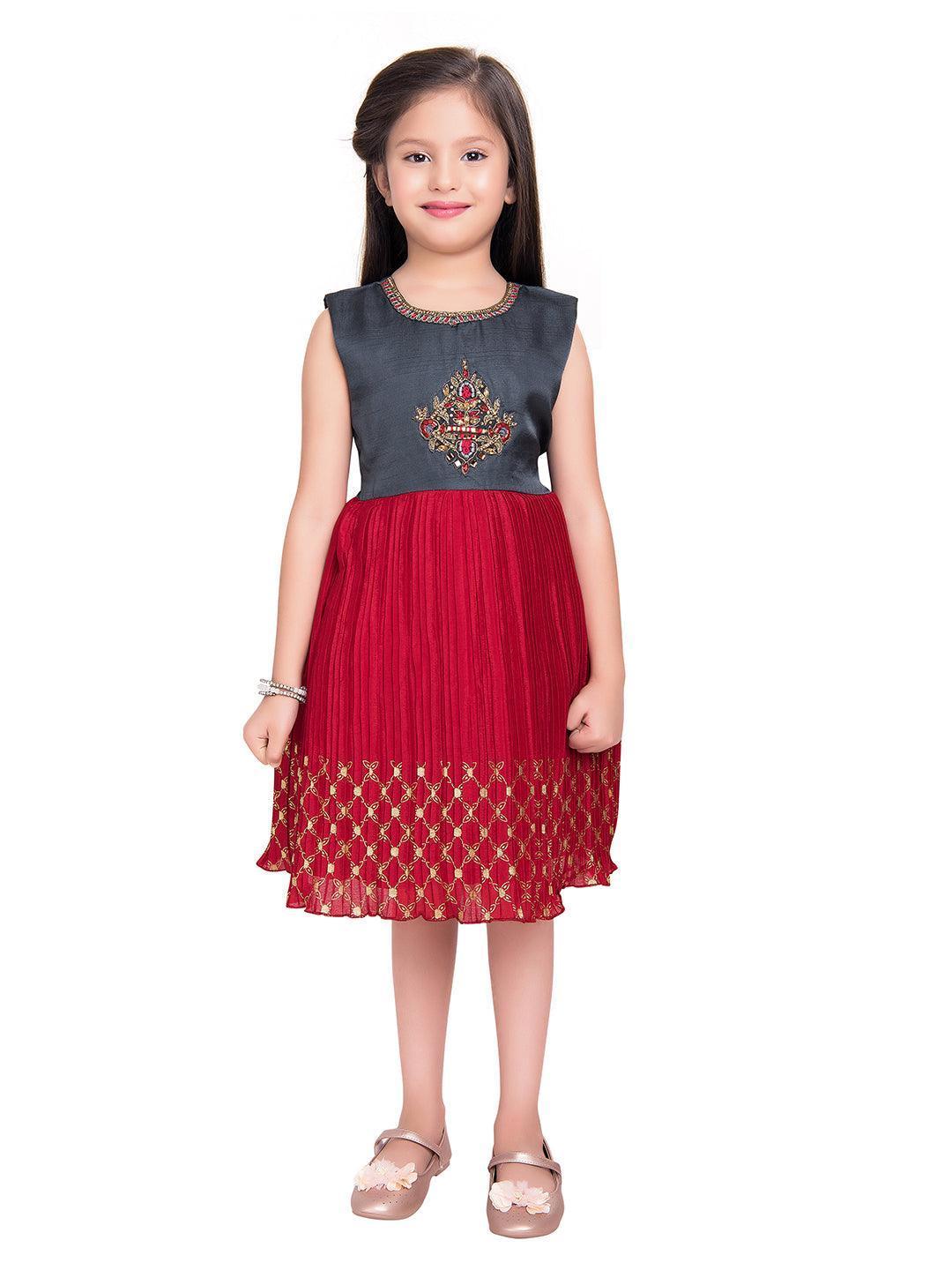 Girls Red & Grey Embroidered Layered Fit & Flare With Jacket Party Wear Frock For Girls - Betty Ethnic India - Frock - Betty Girls Wear Online