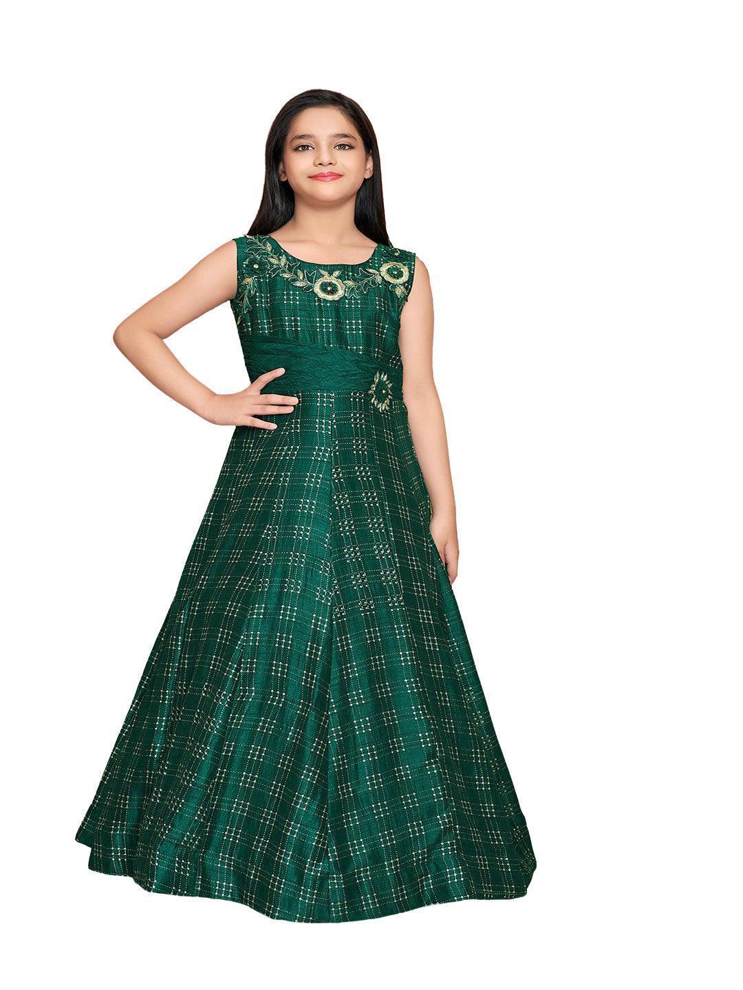 Green & Gold Toned Printed Panelled Simple Design Raw Silk Gown For Girls - Betty Ethnic India - Gown - Betty Girls Wear Online