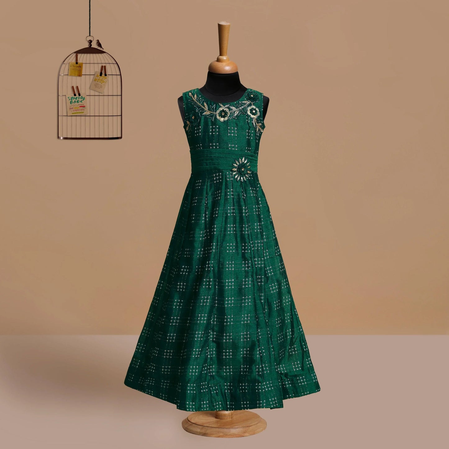 Green & Gold Toned Printed Panelled Simple Design Raw Silk Gown For Girls - Betty Ethnic India - Gown - Betty Girls Wear Online