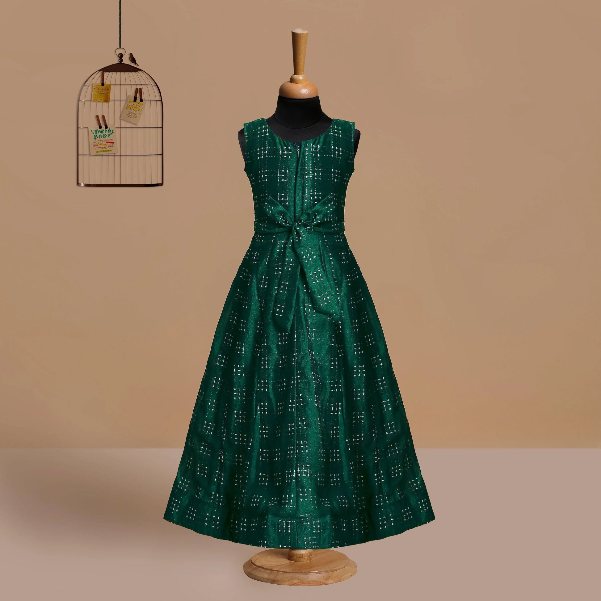 Green & Gold Toned Printed Panelled Simple Design Raw Silk Gown For Girls - Betty Ethnic India - Gown - Betty Girls Wear Online