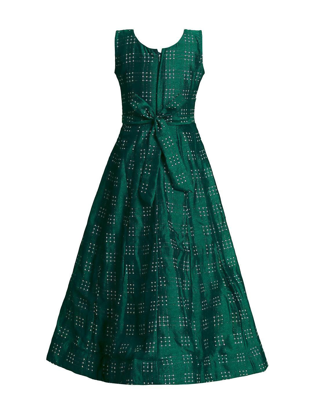 Green & Gold Toned Printed Panelled Simple Design Raw Silk Gown For Girls - Betty Ethnic India - Gown - Betty Girls Wear Online