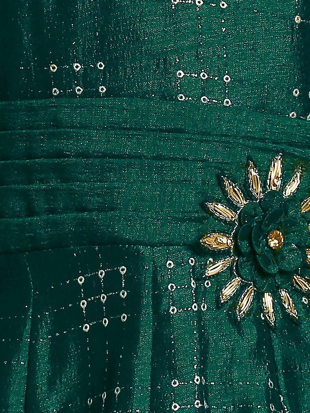 Green & Gold Toned Printed Panelled Simple Design Raw Silk Gown For Girls - Betty Ethnic India - Gown - Betty Girls Wear Online