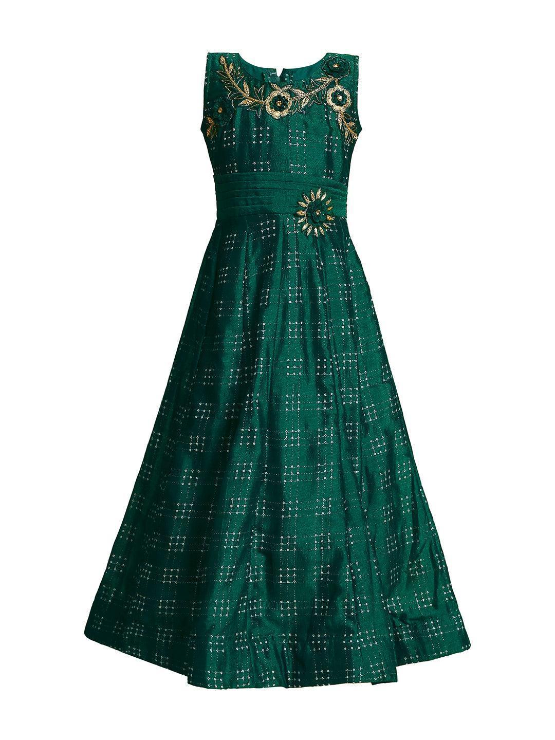 Green & Gold Toned Printed Panelled Simple Design Raw Silk Gown For Girls - Betty Ethnic India - Gown - Betty Girls Wear Online