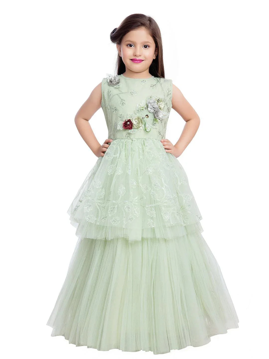 Green Embellished Peplum Styled Net Party Wear Gown For Girls - Betty Ethnic India - Gown - Betty Girls Wear Online