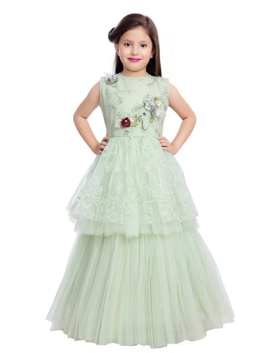 Green Embellished Peplum Styled Net Party Wear Gown For Girls - Betty Ethnic India - Gown - Betty Girls Wear Online