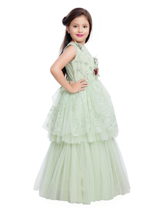 Green Embellished Peplum Styled Net Party Wear Gown For Girls - Betty Ethnic India - Gown - Betty Girls Wear Online