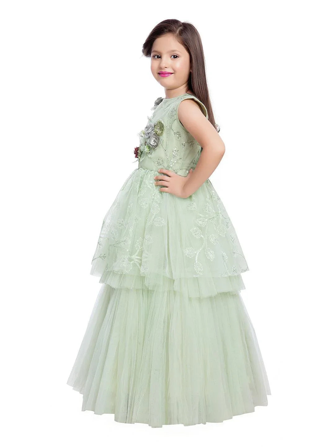 Green Embellished Peplum Styled Net Party Wear Gown For Girls - Betty Ethnic India - Gown - Betty Girls Wear Online