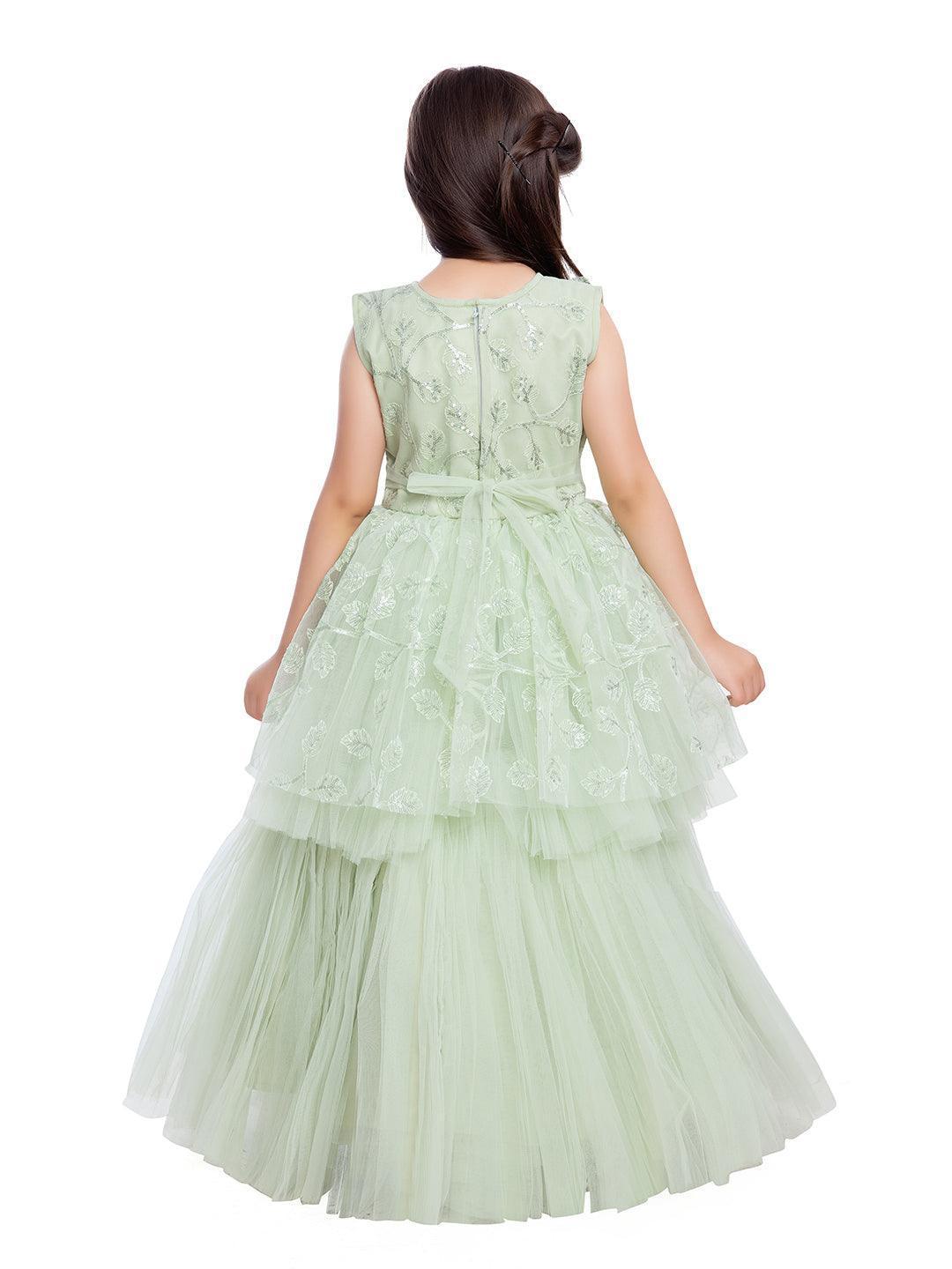 Green Embellished Peplum Styled Net Party Wear Gown For Girls - Betty Ethnic India - Gown - Betty Girls Wear Online