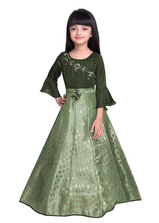 Green Floral Jacquard Simple Gown For Girls - Betty Ethnic India - Gown - Betty Girls Wear Online