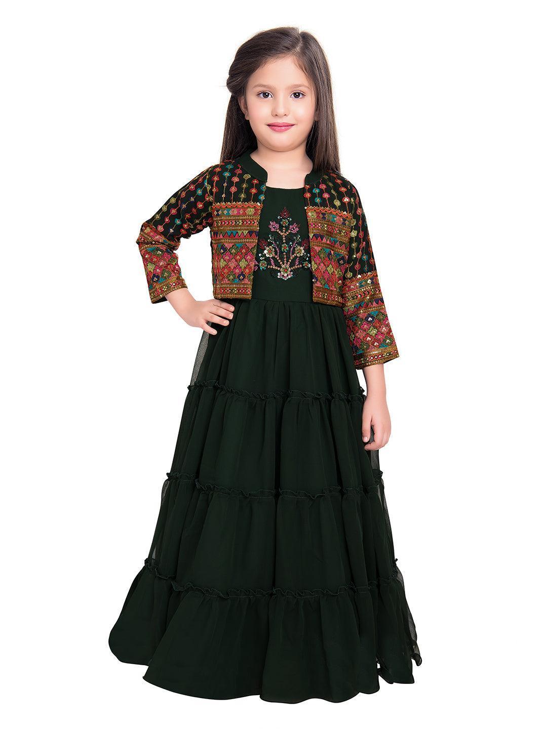 Green Georgette Embroidered Maxi Fit & Flared Dress With Embellished Jacket Styled Gown For Girls - Betty Ethnic India - Gown - Betty Girls Wear Online