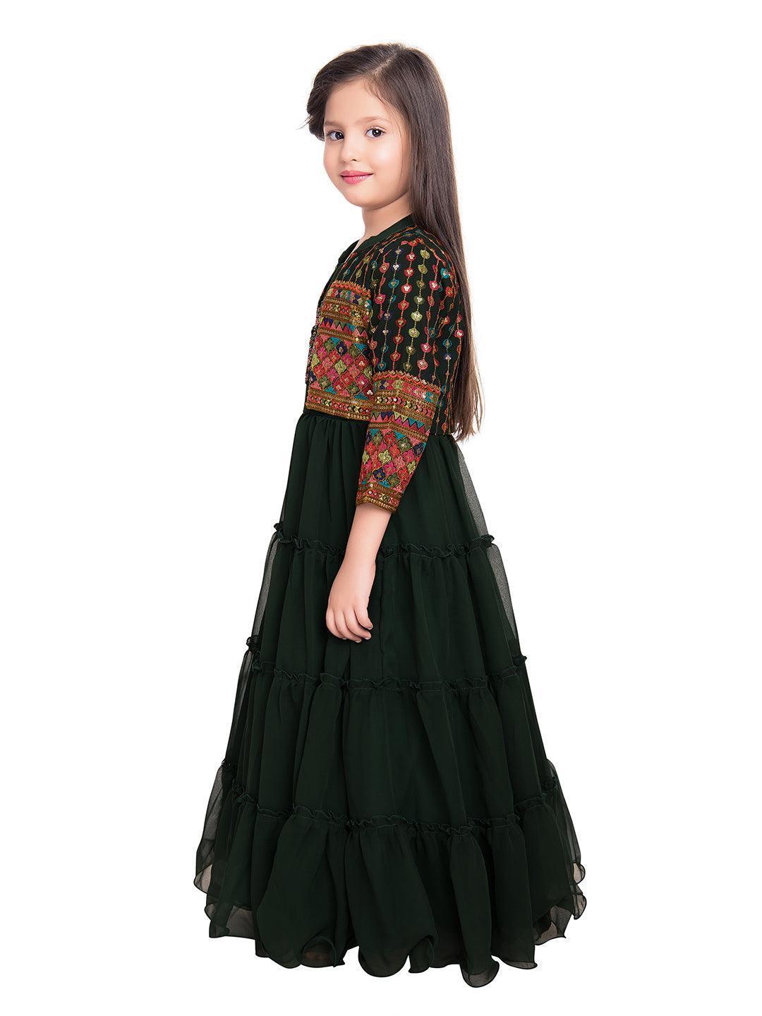 Green Georgette Embroidered Maxi Fit & Flared Dress With Embellished Jacket Styled Gown For Girls - Betty Ethnic India - Gown - Betty Girls Wear Online