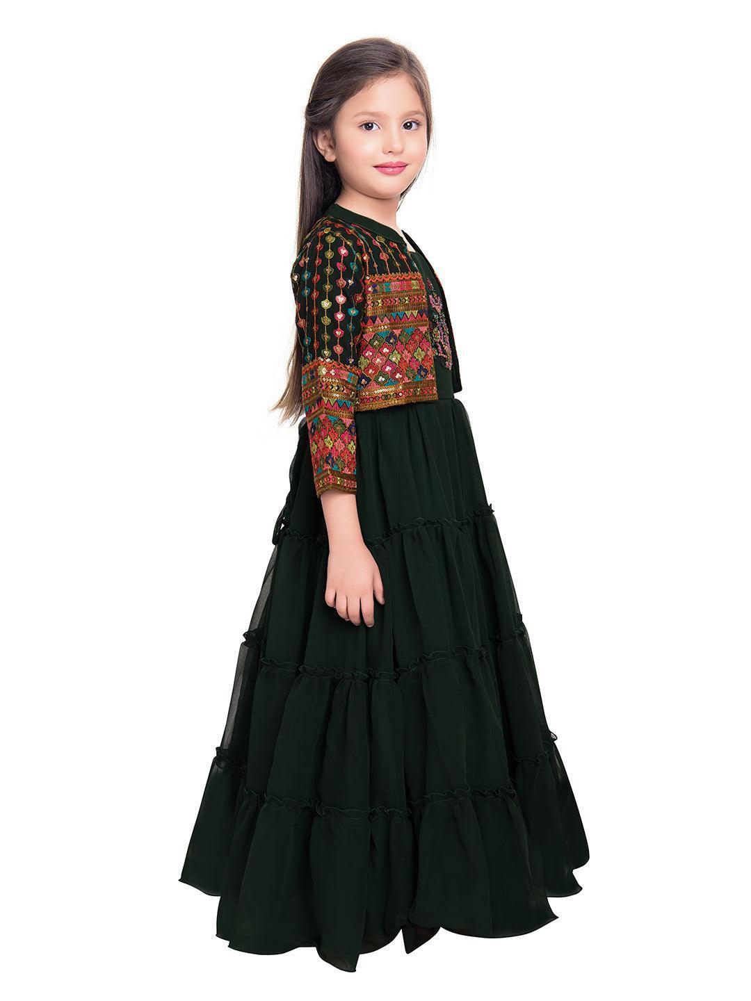 Green Georgette Embroidered Maxi Fit & Flared Dress With Embellished Jacket Styled Gown For Girls - Betty Ethnic India - Gown - Betty Girls Wear Online