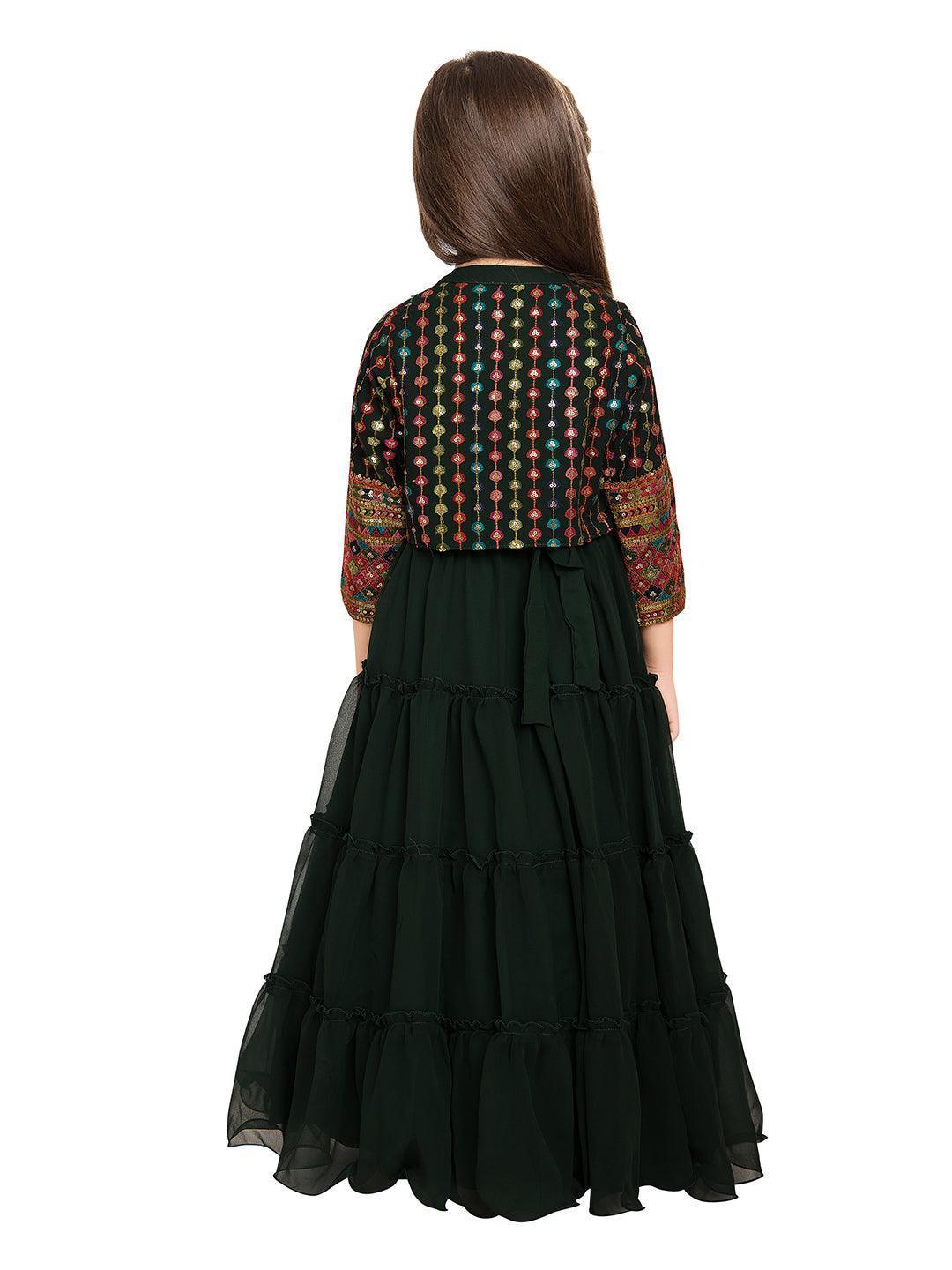 Green Georgette Embroidered Maxi Fit & Flared Dress With Embellished Jacket Styled Gown For Girls - Betty Ethnic India - Gown - Betty Girls Wear Online