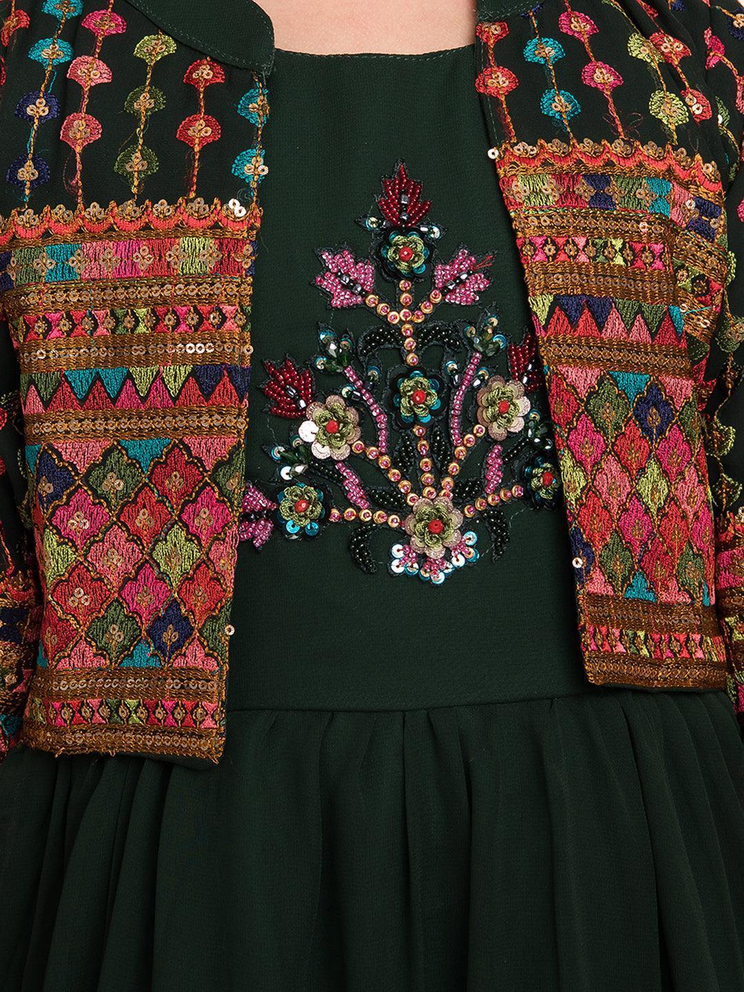 Green Georgette Embroidered Maxi Fit & Flared Dress With Embellished Jacket Styled Gown For Girls - Betty Ethnic India - Gown - Betty Girls Wear Online