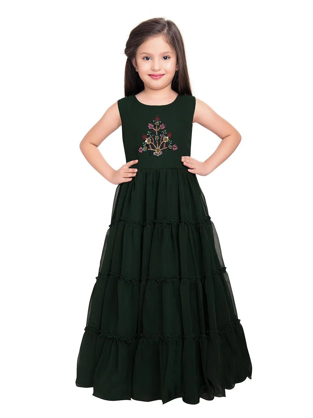 Green Georgette Embroidered Maxi Fit & Flared Dress With Embellished Jacket Styled Gown For Girls - Betty Ethnic India - Gown - Betty Girls Wear Online
