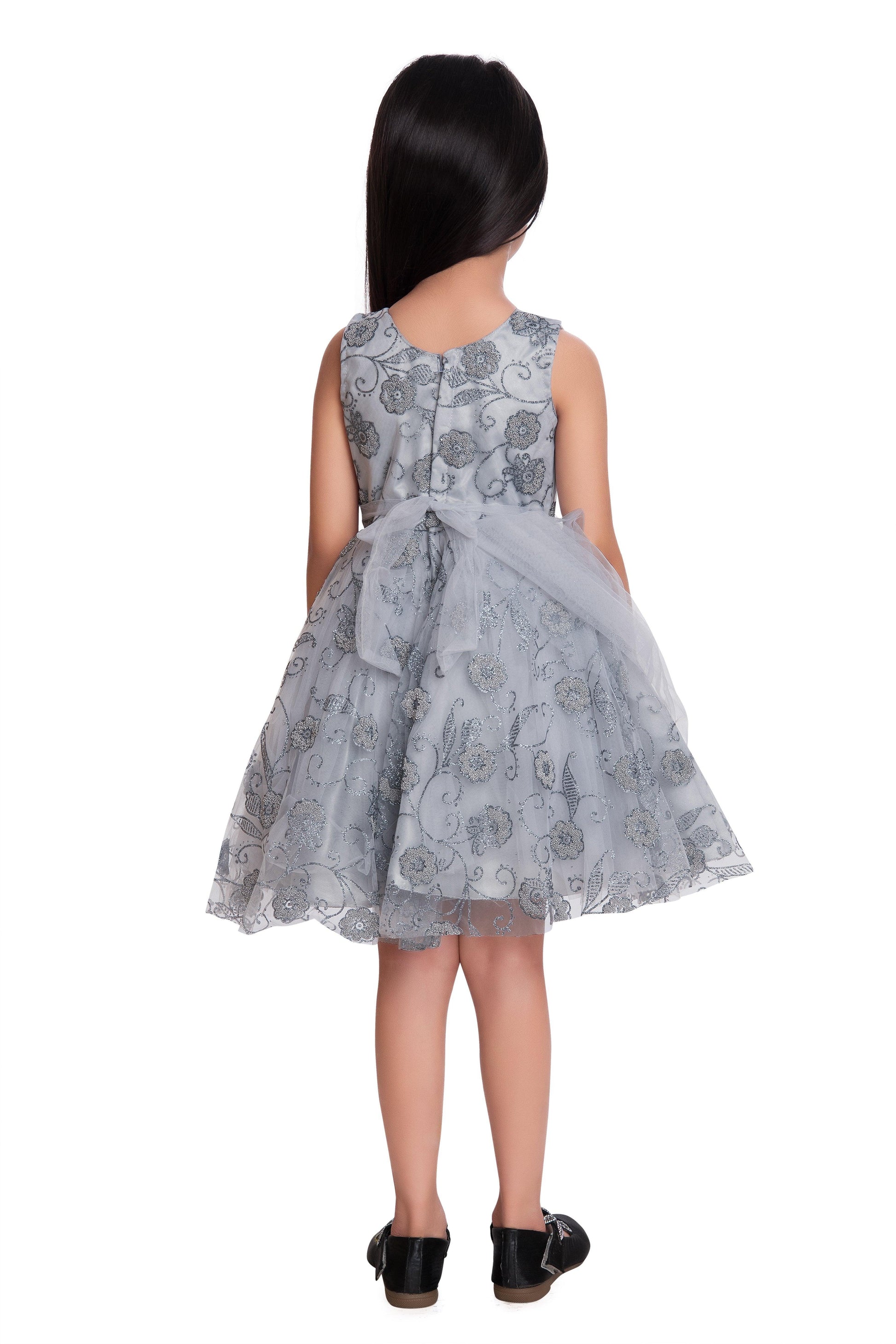 Grey & Cream-Coloured Floral Dupatta Styled Fit & Flare Party Wear Frock For Girls - Betty Ethnic India - Frock - Betty Girls Wear Online