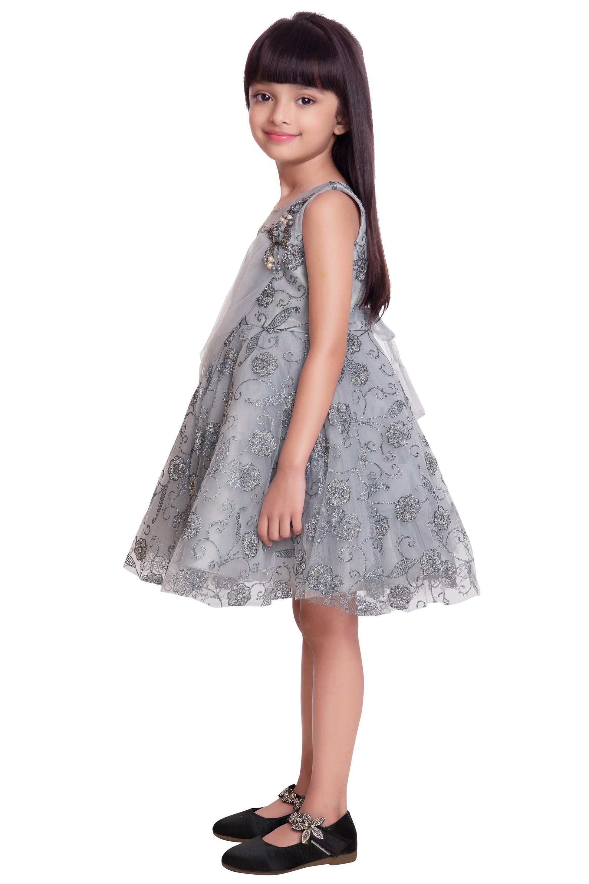 Grey & Cream-Coloured Floral Dupatta Styled Fit & Flare Party Wear Frock For Girls - Betty Ethnic India - Frock - Betty Girls Wear Online