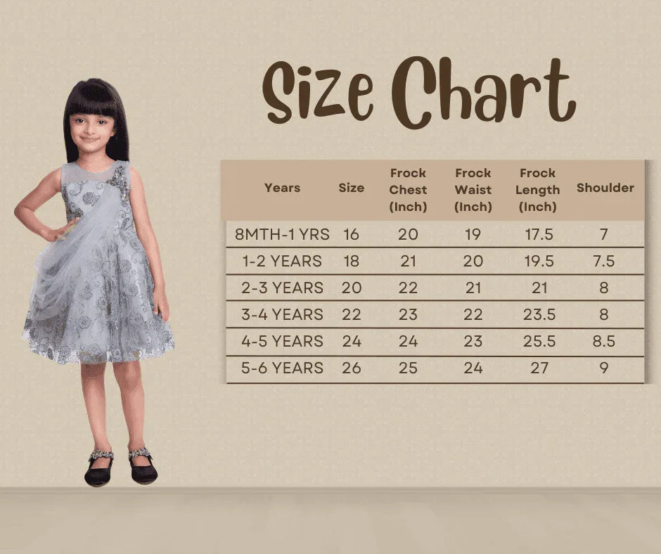 Grey & Cream-Coloured Floral Dupatta Styled Fit & Flare Party Wear Frock For Girls - Betty Ethnic India - Frock - Betty Girls Wear Online