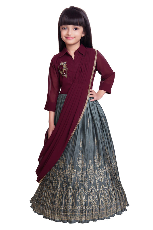 Grey Embellished Chinon Dupatta Ethnic Fit & Flare Gown For Girls - Betty Ethnic India - Gown - Betty Girls Wear Online