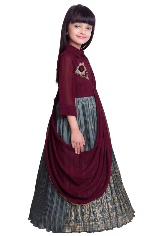 Grey Embellished Chinon Dupatta Ethnic Fit & Flare Gown For Girls - Betty Ethnic India - Gown - Betty Girls Wear Online