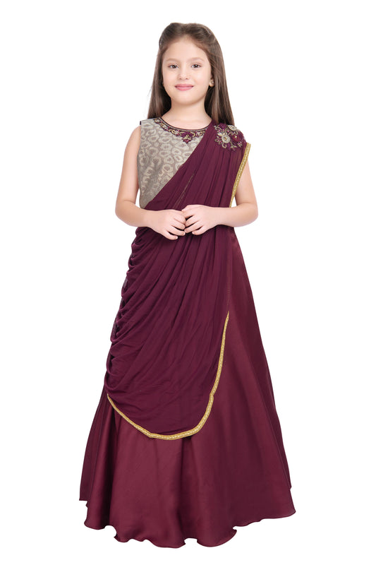 Wine Coloured Saree Styled Dupatta Pattern Gown For Girls - Betty Ethnic India - Gown - Betty Girls Wear Online