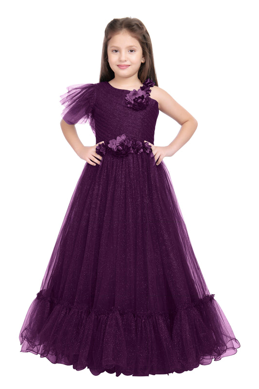 Wine Coloured Imported Net One Side Shoulder Pattern Gown For Girls - Betty Ethnic India - Gown - Betty Girls Wear Online