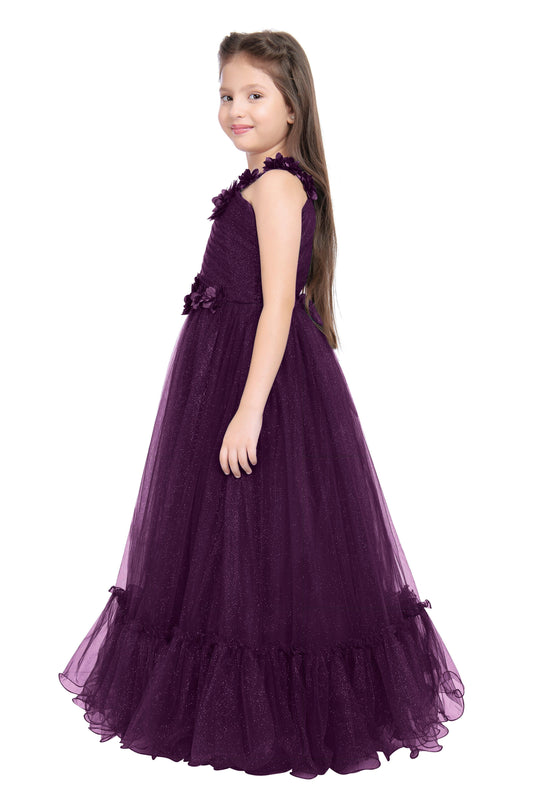 Wine Coloured Imported Net One Side Shoulder Pattern Gown For Girls - Betty Ethnic India - Gown - Betty Girls Wear Online