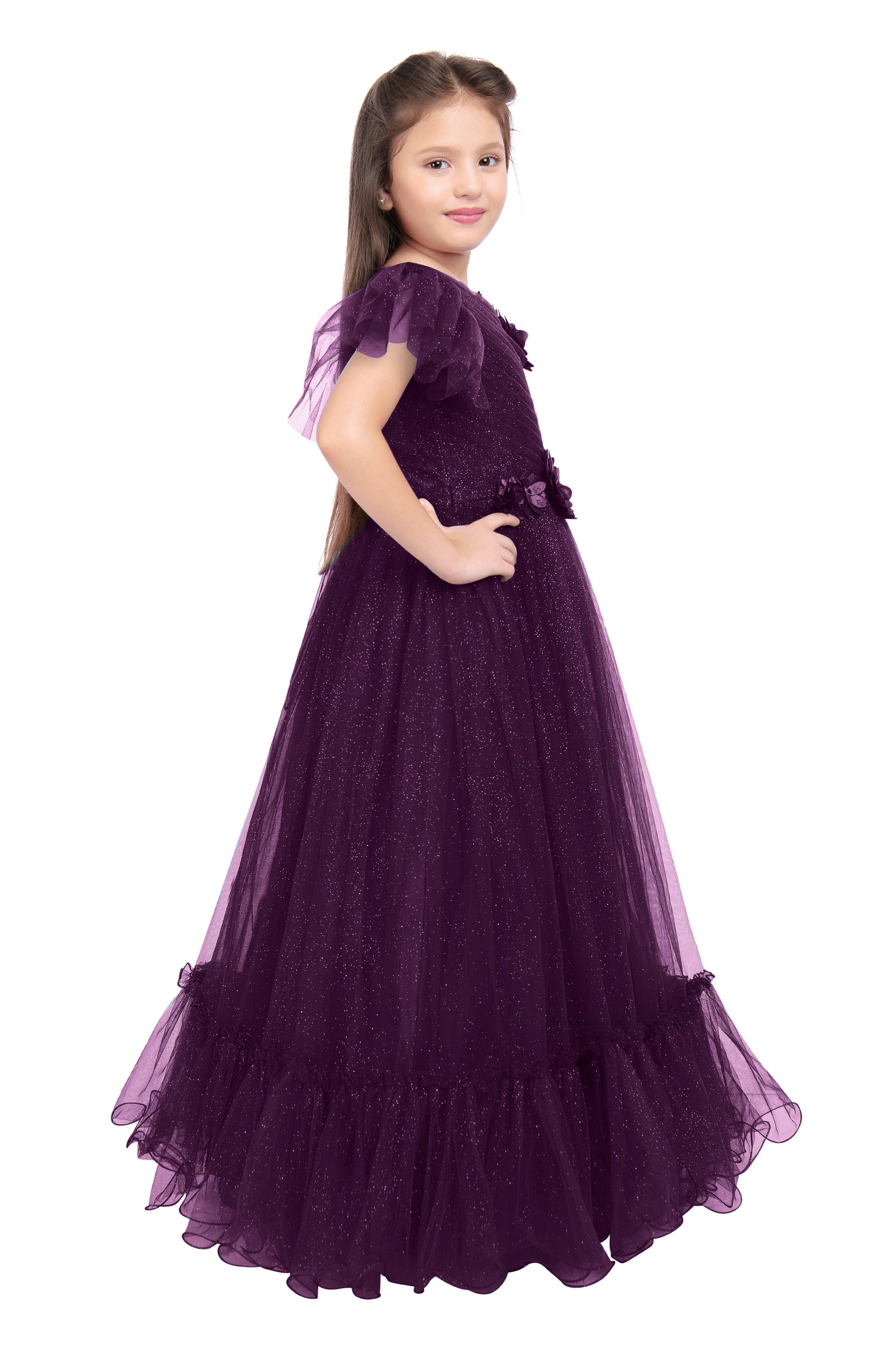 Wine Coloured Imported Net One Side Shoulder Pattern Gown For Girls - Betty Ethnic India - Gown - Betty Girls Wear Online