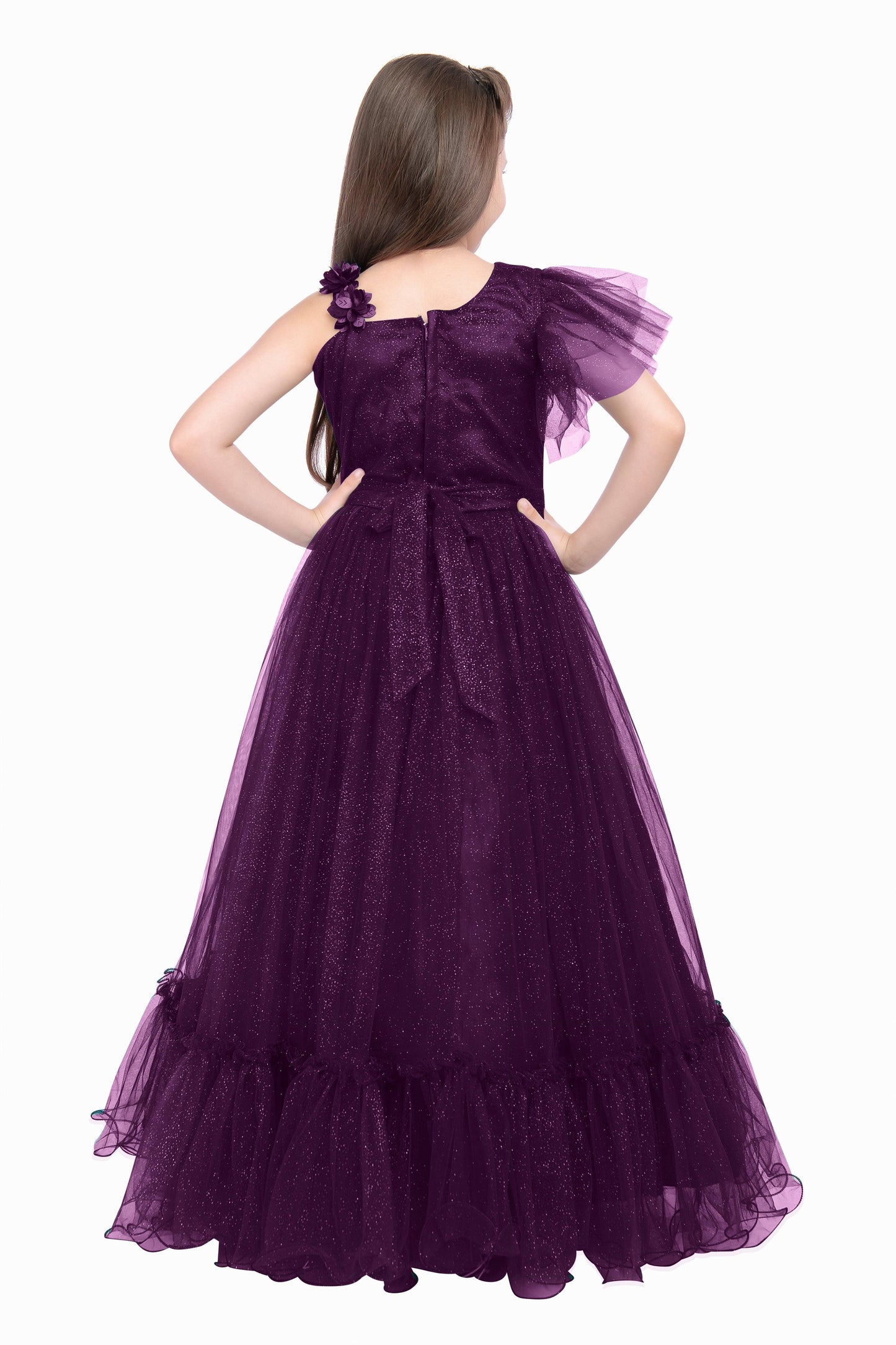 Wine Coloured Imported Net One Side Shoulder Pattern Gown For Girls - Betty Ethnic India - Gown - Betty Girls Wear Online