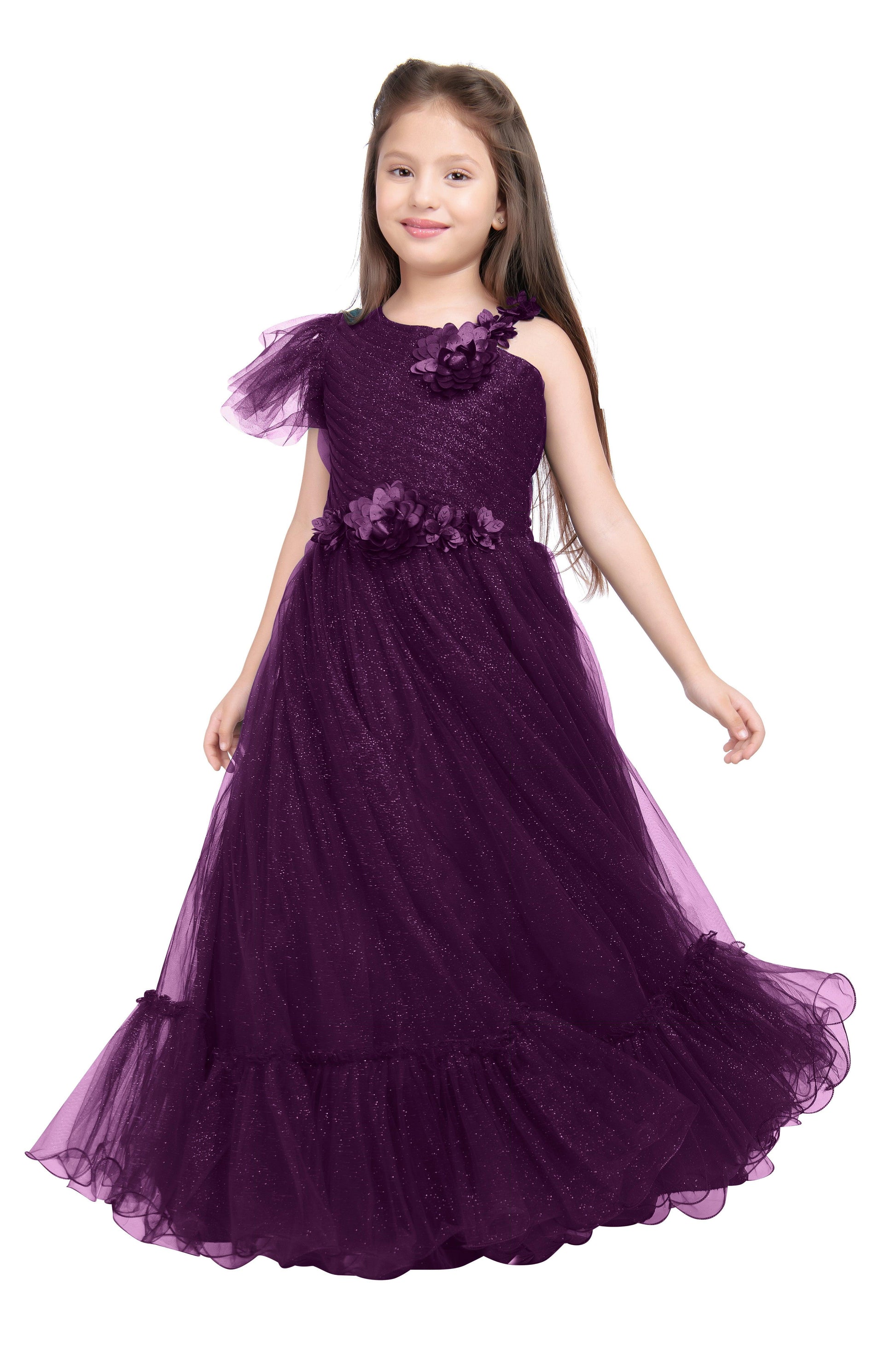 Wine Coloured Imported Net One Side Shoulder Pattern Gown For Girls - Betty Ethnic India - Gown - Betty Girls Wear Online