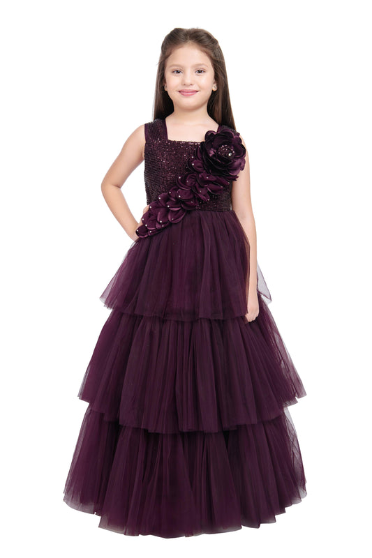 Wine Coloured Big Flower Pattern Gown For Girls - Betty Ethnic India - Gown - Betty Girls Wear Online