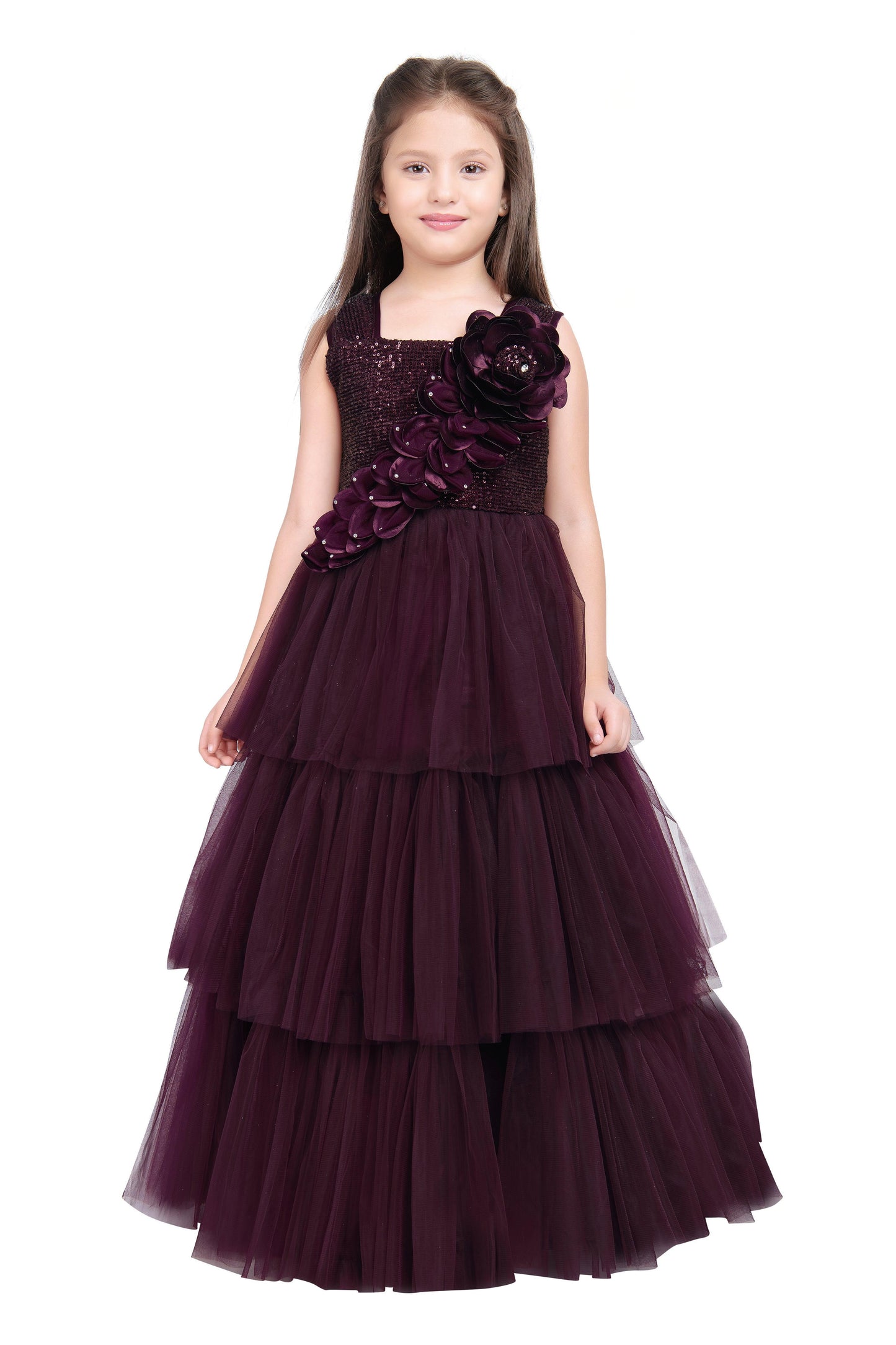 Wine Coloured Big Flower Pattern Gown For Girls - Betty Ethnic India - Gown - Betty Girls Wear Online