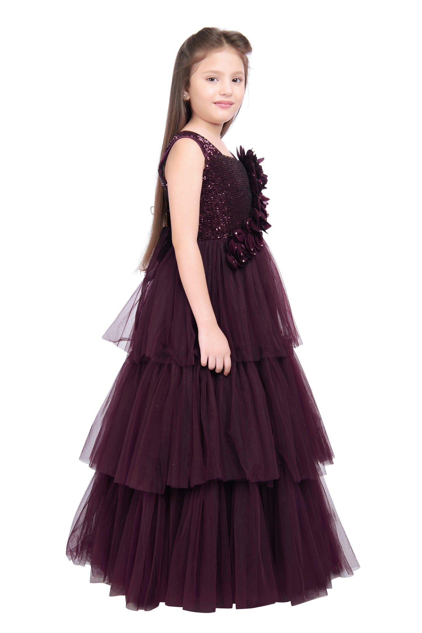 Wine Coloured Big Flower Pattern Gown For Girls - Betty Ethnic India - Gown - Betty Girls Wear Online