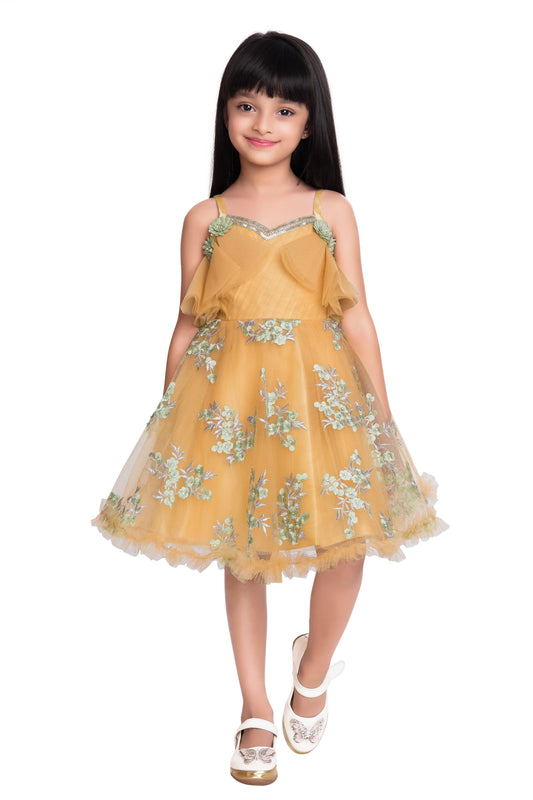 Lemon & Green Floral Embroidered Imported Net Party Wear Frock For Girls - Betty Ethnic India - Frock - Betty Girls Wear Online