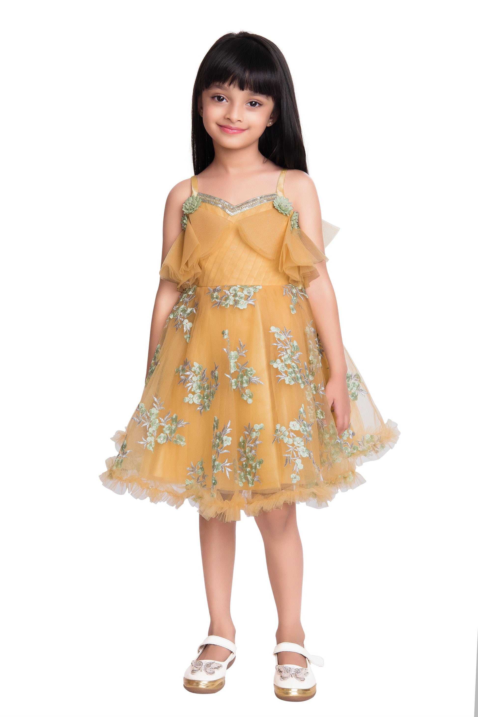 Lemon & Green Floral Embroidered Imported Net Party Wear Frock For Girls - Betty Ethnic India - Frock - Betty Girls Wear Online