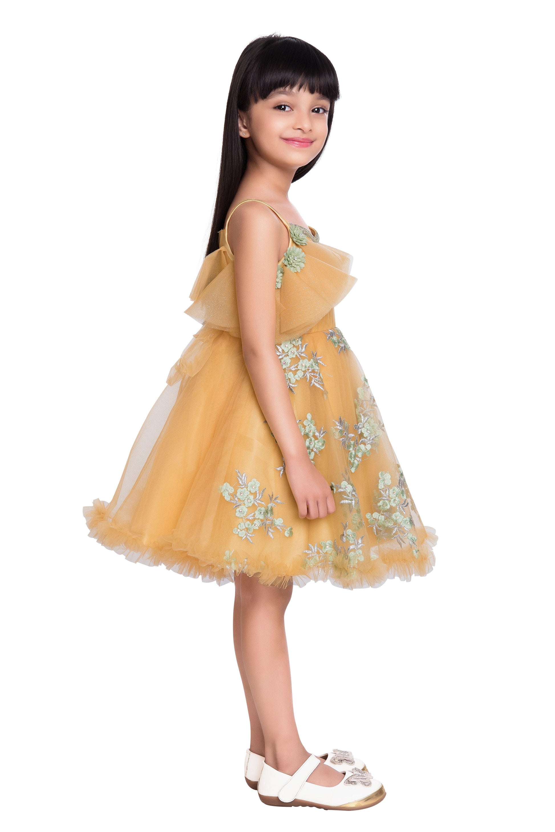 Lemon & Green Floral Embroidered Imported Net Party Wear Frock For Girls - Betty Ethnic India - Frock - Betty Girls Wear Online